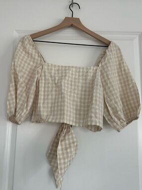 H&M Cream and Beige Gingham Tie-Back Puff Sleeve Crop Top